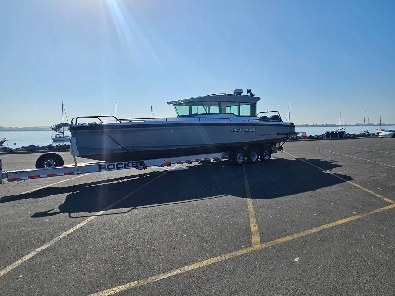 Boat parked on a trailer, ready for towing